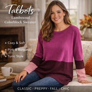 Talbots Tunic Lambswool Color-block Sweater Pink Purple Long Sleeve L Classic